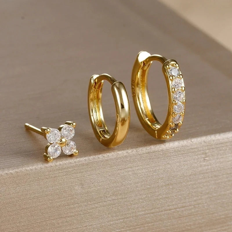 3 Pieces Set IG Style Minimalist Shiny Geometric Inlay Copper Zircon Earrings