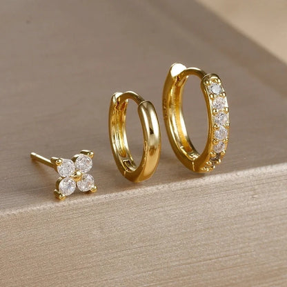 3 Pieces Set IG Style Minimalist Shiny Geometric Inlay Copper Zircon Earrings