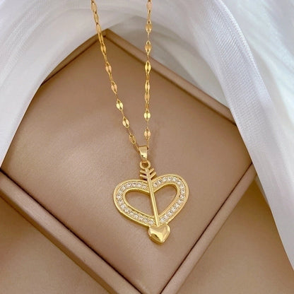 2 Pieces Minimalist Classic Style Geometric Heart Shape Titanium Steel Copper Zircon Pendant Necklace In Bulk