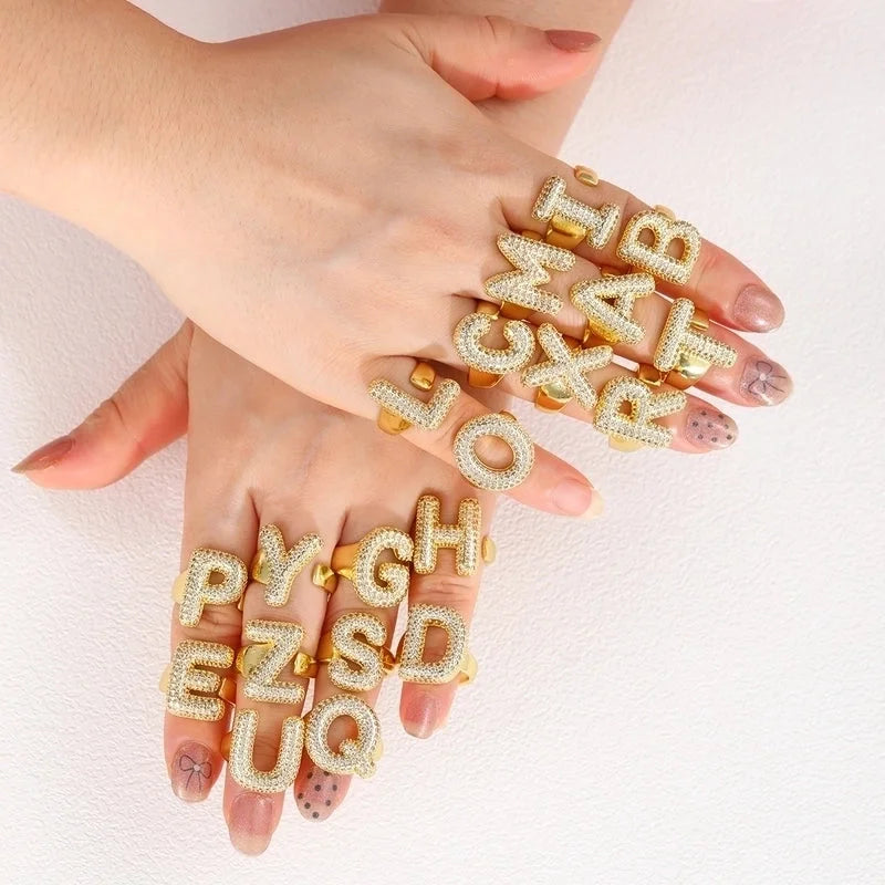 Copper Inlay Letter Zircon Open Rings