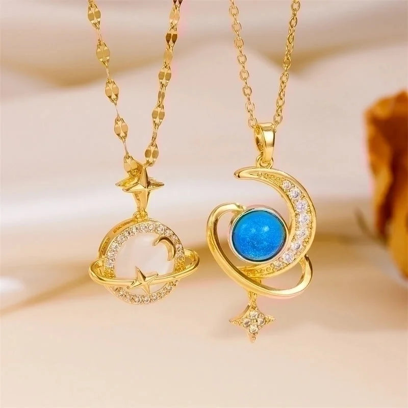 Titanium Steel 18K Gold Plated Vintage Style Plating Moon Acrylic Rhinestones Pendant Necklace