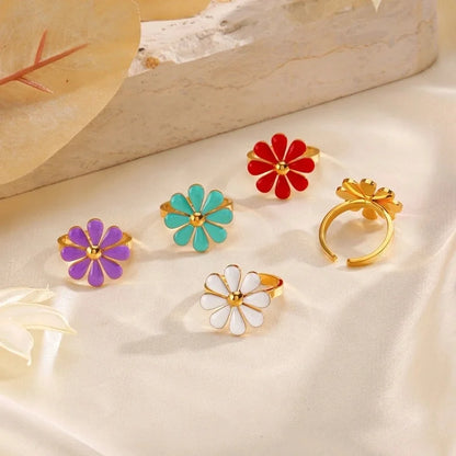 Minimalist Classic Style Flower 304 Stainless Steel Resin 18K Gold Plated Enamel Rings Earrings