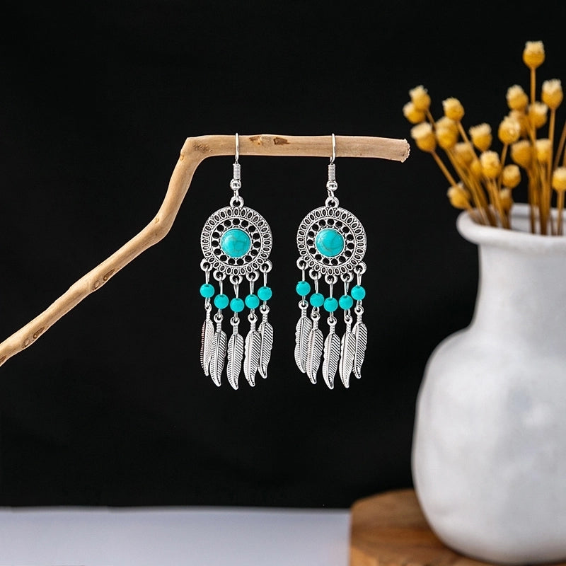 Bohemian Blue Turquoise National Style Earrings Imitation Miao Silver Metal Earrings Vintage Tassel Earrings