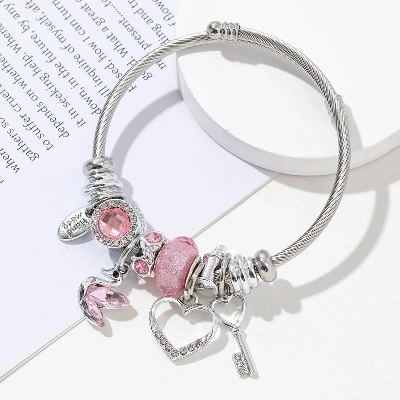 2 Pieces Elegant Lady Heart Shape Butterfly 304 Stainless Steel Alloy Bangle In Bulk