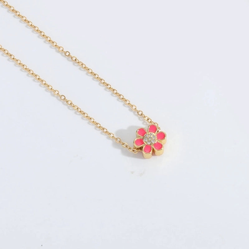 Copper 14K Gold Plated Enamel Flower Zircon Pendant Necklace