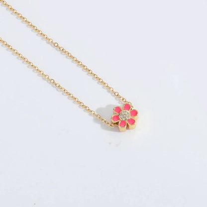 Copper 14K Gold Plated Enamel Flower Zircon Pendant Necklace
