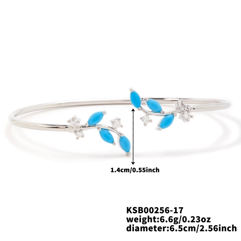 Copper K Gold Plated Shiny Metallic Inlay Geometric Leaf Zircon Bangle