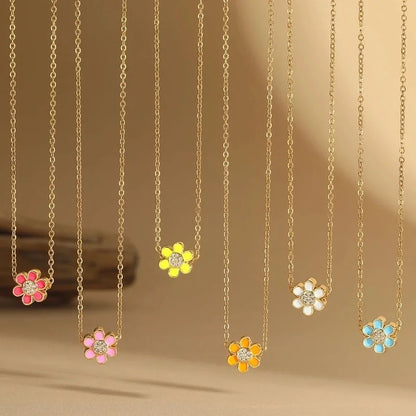 Copper 14K Gold Plated Enamel Flower Zircon Pendant Necklace
