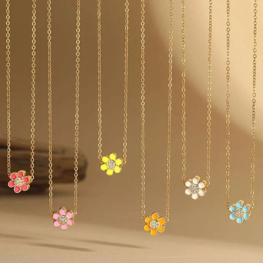 Copper 14K Gold Plated Enamel Flower Zircon Pendant Necklace