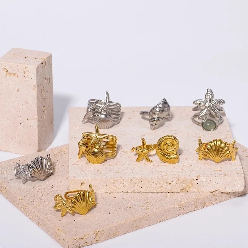 Beach Starfish Conch Shell 304 Stainless Steel 18K Gold Plated Plating Open Rings