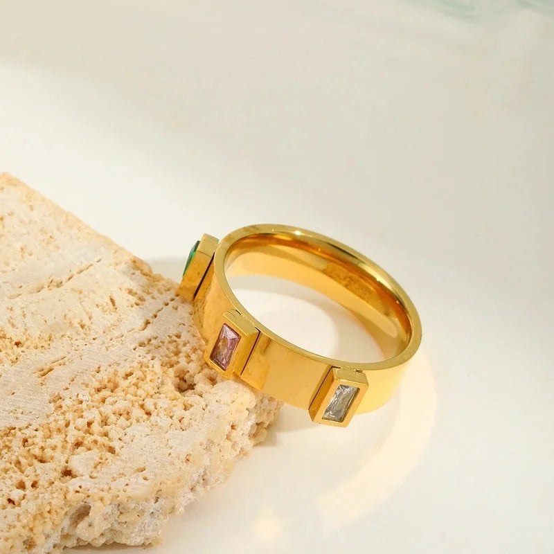 IG Style Basic Commute Solid Color 304 Stainless Steel Zircon 18K Gold Plated Plating Inlay Rings