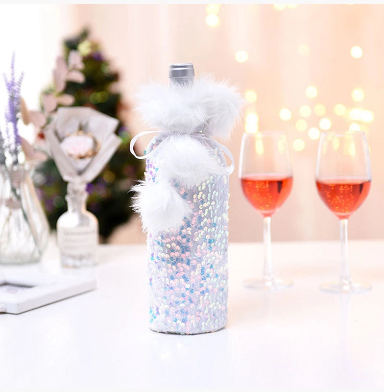 Cross-border New Arrival Christmas Decorations European And American Sequins Bottle Cover Plush Drawstring Wine Gift Box Hotel Dining Table Dress Up