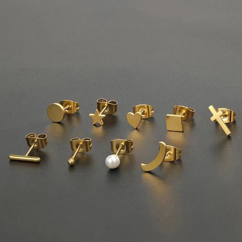 1 Pair Minimalist Pentagram Square Moon Inlay 304 Stainless Steel Pearl 18K Gold Plated Stainless Steel Earrings