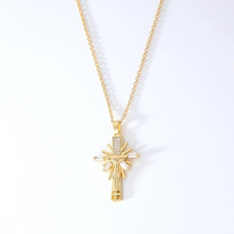 Hip-Hop Retro Cross 304 Stainless Steel Copper Plating Inlay K Gold Plated Zircon Pendant Necklace