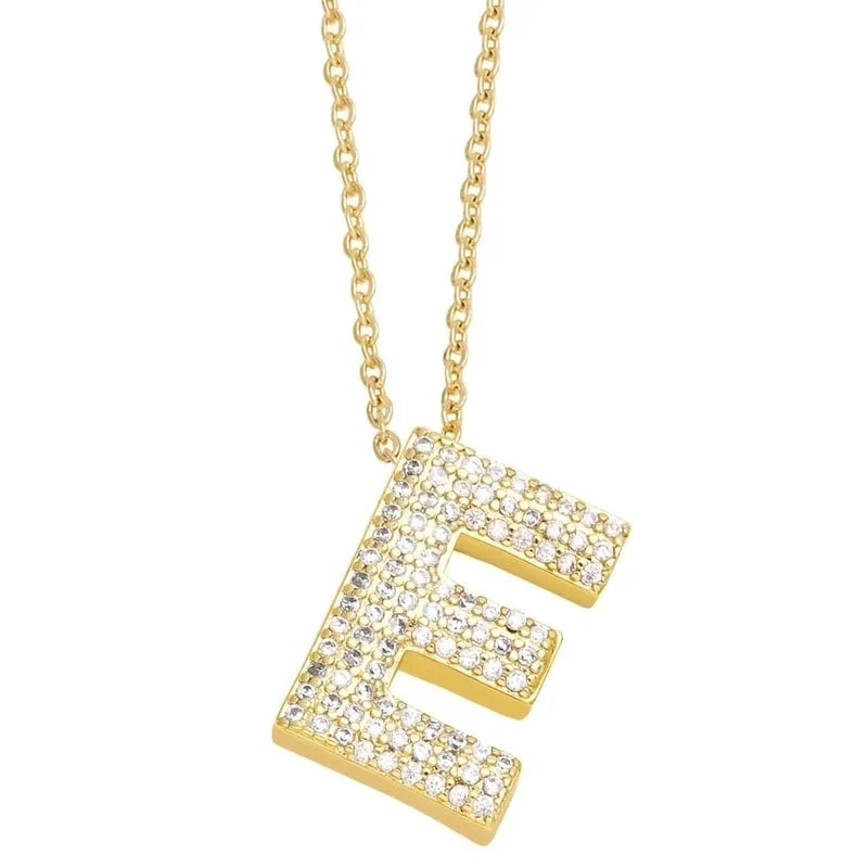 Copper Gold Plated Minimalist Letter Inlay Zircon Pendant Necklace