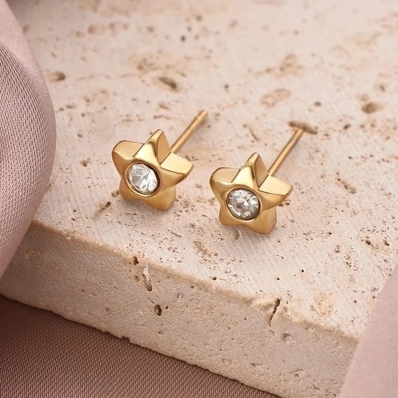 1 Pair Cute Sweet Pentagram Plating Inlay 304 Stainless Steel Rhinestones 14K Gold Plated Ear Studs