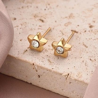 1 Pair Cute Sweet Pentagram Plating Inlay 304 Stainless Steel Rhinestones 14K Gold Plated Ear Studs