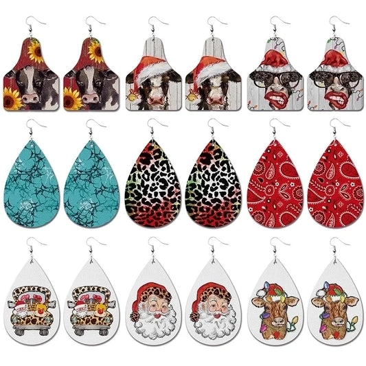 Retro Santa Claus Cattle Flower Pu Leather Water Drop Christmas Women's Drop Earrings 1 Pair