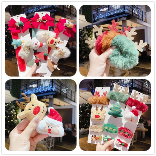Cute Christmas Santa Hat Snowman Elk Hair Clip Set