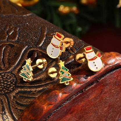 Stainless Steel Plated 18K Gold Christmas Atmosphere Ornament Christmas Tree, Snowman Stud Earrings Gold