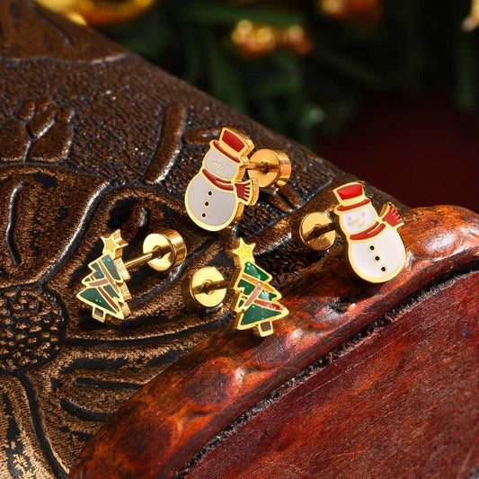 Stainless Steel Plated 18K Gold Christmas Atmosphere Ornament Christmas Tree, Snowman Stud Earrings Gold