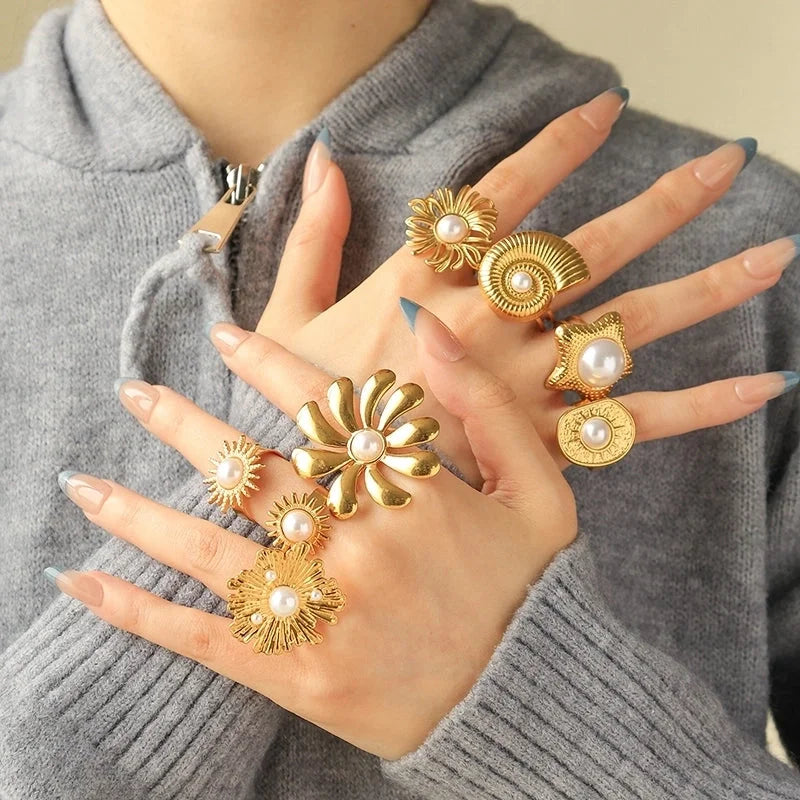 Elegant Luxurious Baroque Style Pentagram Sun Flower 304 Stainless Steel Pearl 14K Gold Plated Open Rings