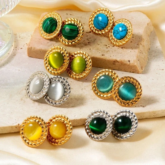 1 Pair Retro Round Plating Inlay 304 Stainless Steel Natural Stone K Gold Plated Ear Studs