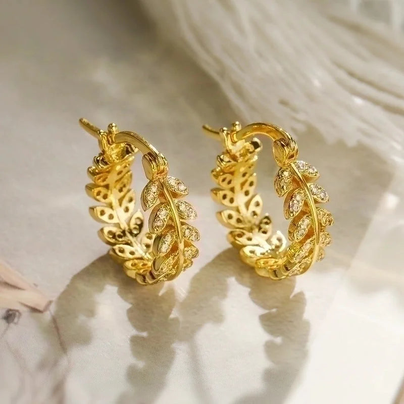 1 Pair Minimalist Geometric Leaves Plating Inlay Copper Zircon 18k Gold Plated Hoop Earrings