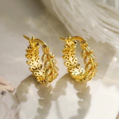 1 Pair Minimalist Geometric Leaves Plating Inlay Copper Zircon 18k Gold Plated Hoop Earrings