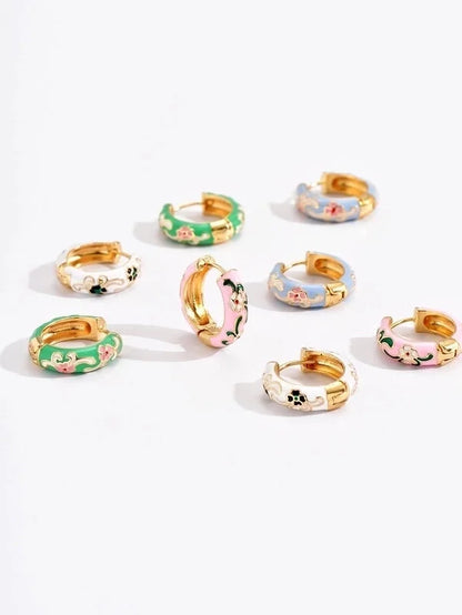 1 Pair Cute Bohemian Sweet Printing Flower Enamel Copper Hoop Earrings