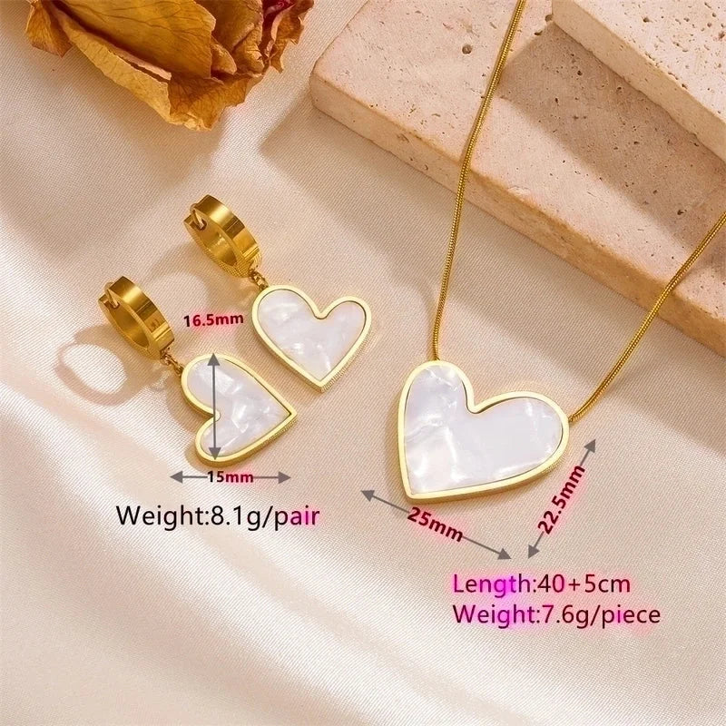 Princess Cute Minimalist Heart Shape Stainless Steel Plating Inlay Shell 18k Gold Plated Earrings Necklace