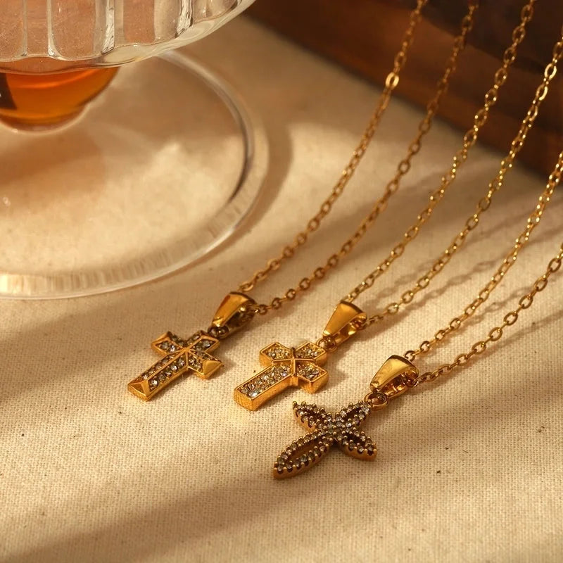 IG Style Cross 304 Stainless Steel Zircon Plating Inlay Pendant Necklace