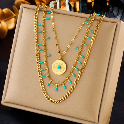 Elegant Round Life Tree Butterfly Titanium Steel Chain Pendant Necklace