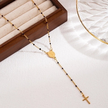 3 Pieces Elegant Classical Cross Virgin Mary Priest Stainless Steel Beaded Plating 18k Gold Plated Necklace