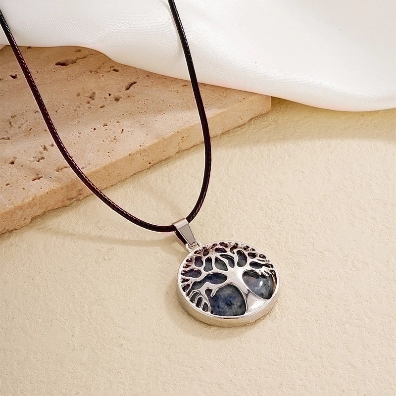 Ig Style Minimalist Round Tree Stainless Steel Natural Stone Leather Rope Inlay Natural Stone Pendant Necklace