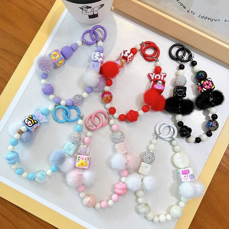 Creative Hand-painted Beads Plush Beaded Mobile Phone Chain Keychain Bag Hanging Headphone Bag Mobile Phone Case Accessories Beaded Chain