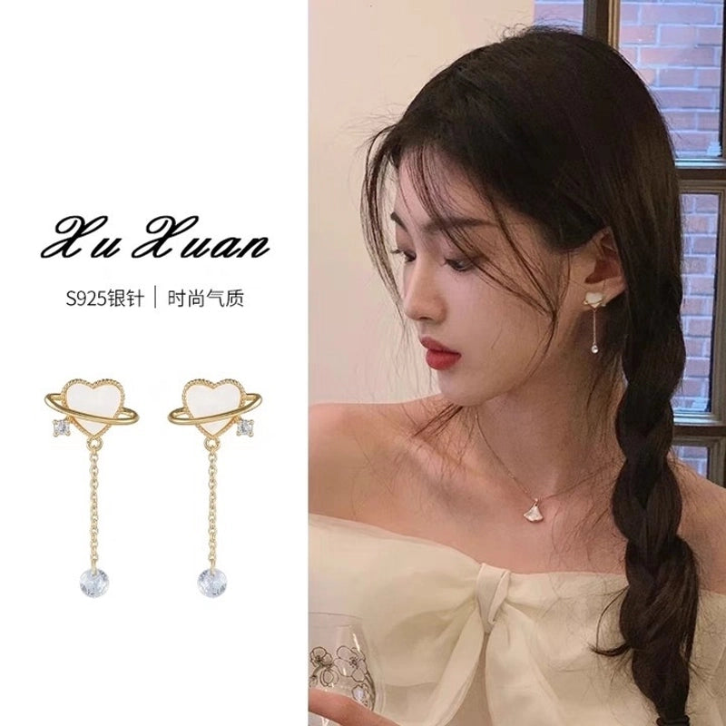 1 Pair Retro Color Block Heart Shape Pleated Inlay Copper Rhinestones Drop Earrings