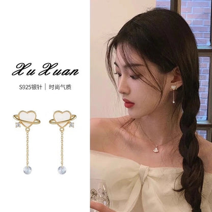 1 Pair Retro Color Block Heart Shape Pleated Inlay Copper Rhinestones Drop Earrings