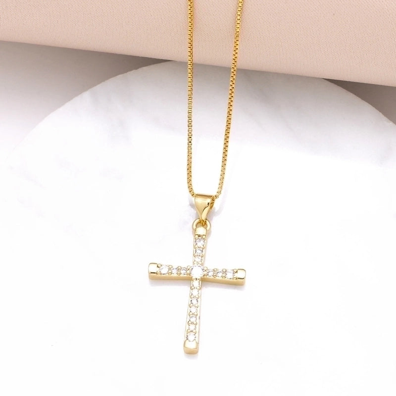 Copper 18K Gold Plated Plating Inlay Cross Zircon Pendant Necklace