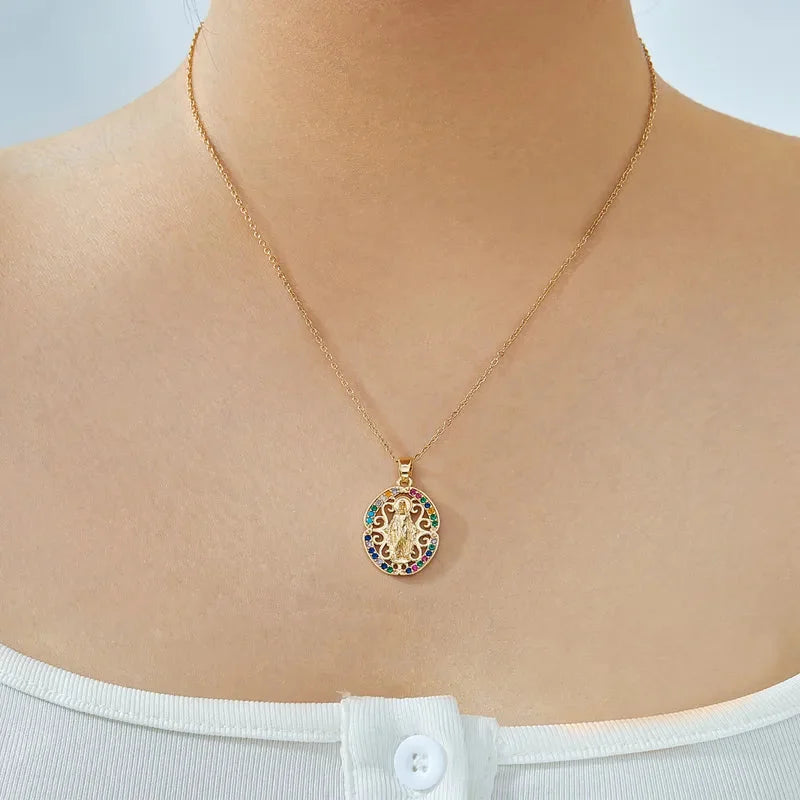 Vintage Style Classic Style Geometric Round Virgin Mary 304 Stainless Steel Copper Zircon K Gold Plated Inlay Pendant Necklace