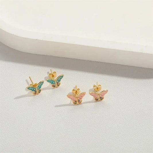 1 Pair Vintage Style Minimalist Commute Butterfly Enamel Inlay Copper Zircon 14K Gold Plated Ear Studs