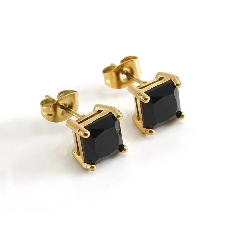 1 Pair Retro Square Inlaid Zircon 304 Stainless Steel Zircon 18K Gold Plated Stainless Steel Earrings