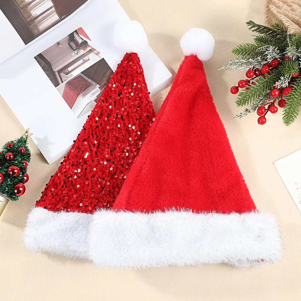 2 Pieces Christmas Plush Shiny Sequin Reversible Hat Thickened Holiday Party Decoration Hat