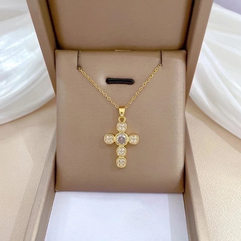 Titanium Steel Copper Exaggerated Plating Inlay Cross Artificial Gemstones Pendant Necklace