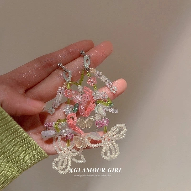 1 Pair Sweet Tassel Flower Butterfly Inlay Imitation Pearl Alloy Rhinestones Drop Earrings