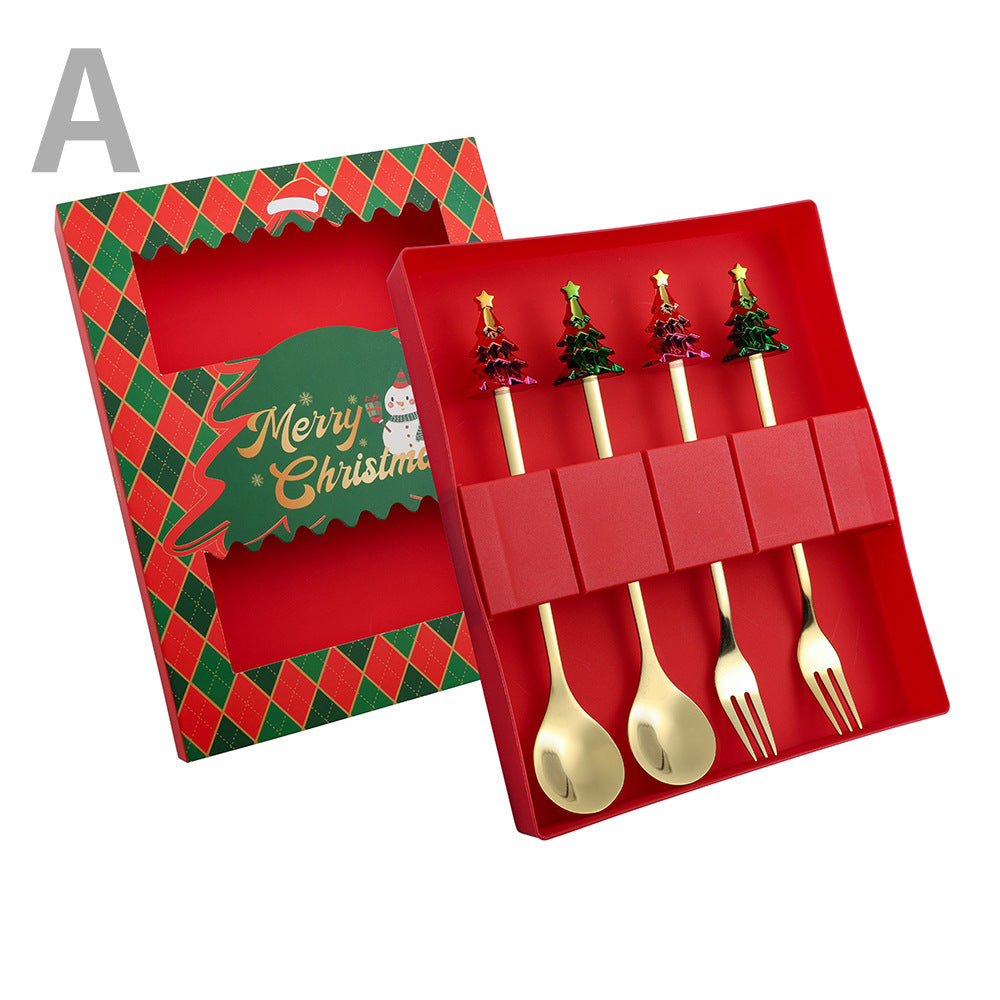 J Christmas Spoon Set Cartoon Colorful Santa Claus Christmas Tree Spoon Fork Coffee Dessert Spoon Gift Box