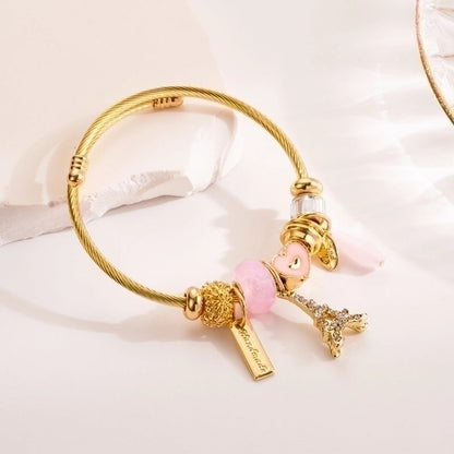 304 Stainless Steel Alloy Gold Plated Casual Streetwear Plating Inlay Eiffel Tower Elephant Rhinestones Bangle