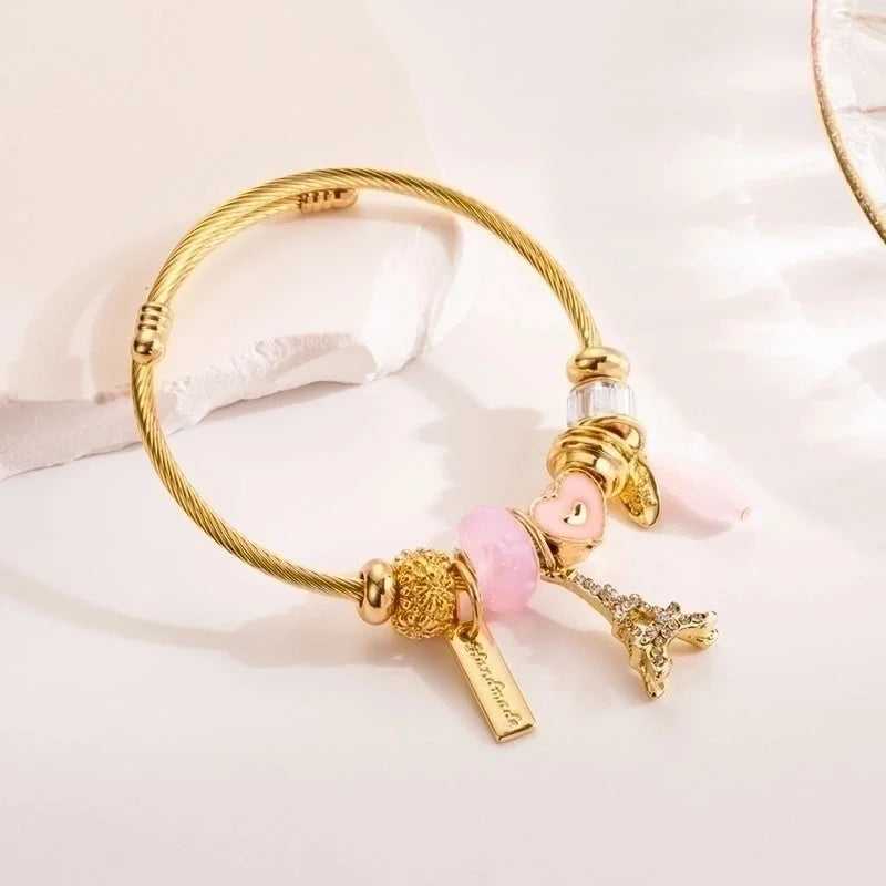 304 Stainless Steel Alloy Gold Plated Casual Streetwear Plating Inlay Eiffel Tower Elephant Rhinestones Bangle