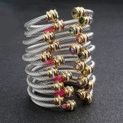 3 Pieces Minimalist Solid Color Stainless Steel Inlay Zircon Cuff Bracelets