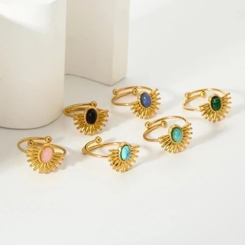 304 Stainless Steel 18K Gold Plated Casual Minimalist Polishing Plating Geometric Natural Stone Adjustable Ring